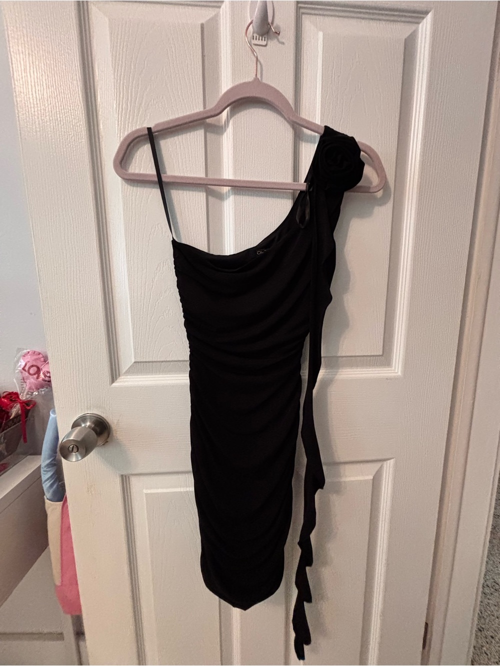 Black One-Shoulder Ruched Dress with Rosette Detail